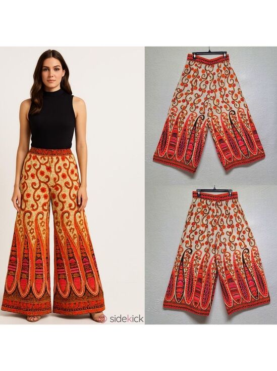 Vintage Pants - 60s Vintage Alex Coleman Psychedelic Neon Multi-color Floral Palazzo Pants M-L